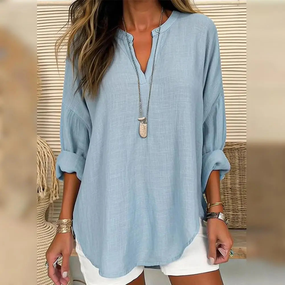 Notch Neck Long Sleeve Linen Look Blouse