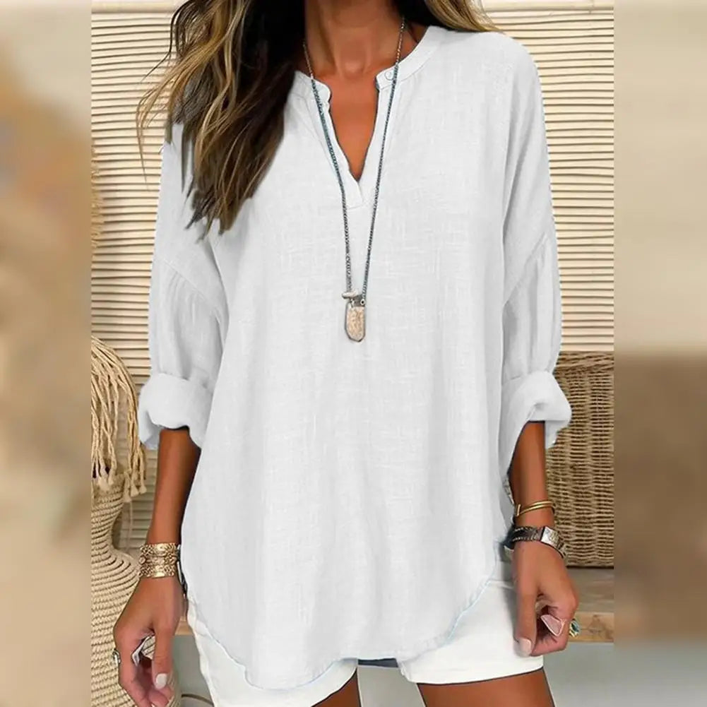 Notch Neck Long Sleeve Linen Look Blouse