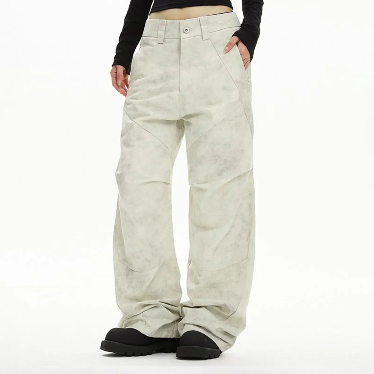 Washed Distressed Look Panel Seam Baggy Wide Leg Pants