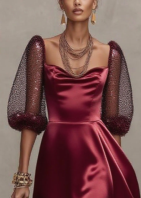 Satin Scoop Neck Mesh Puff Sleeve Glitter Ruffle Hem A-Line Midi Dress