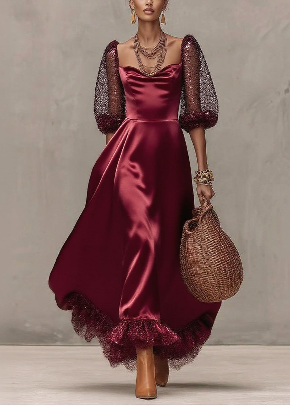 Satin Scoop Neck Mesh Puff Sleeve Glitter Ruffle Hem A-Line Midi Dress