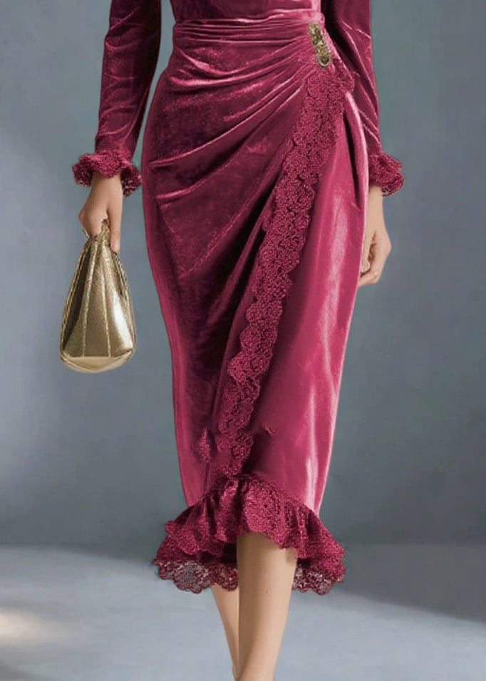 Velvet Cowl Neck Long Sleeve Lace Trim Ruched Wrap Midi Party Dress