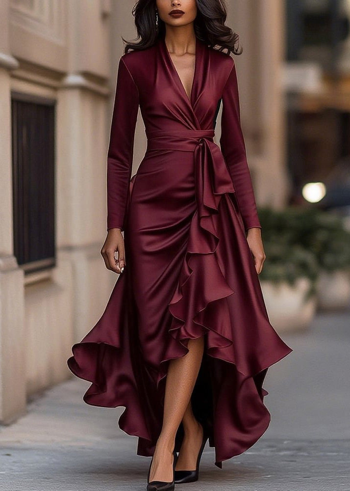 Satin Long Sleeve Ruffle Cascade High Low Maxi Gown