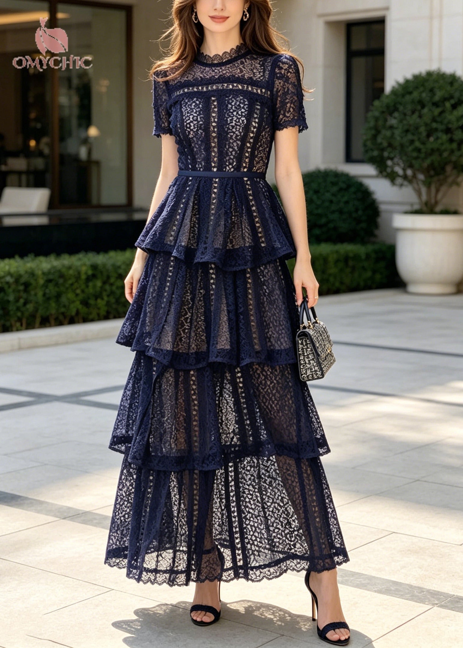 Crew Neck Short Sleeve Lace Tiered Ruffle Maxi Dress