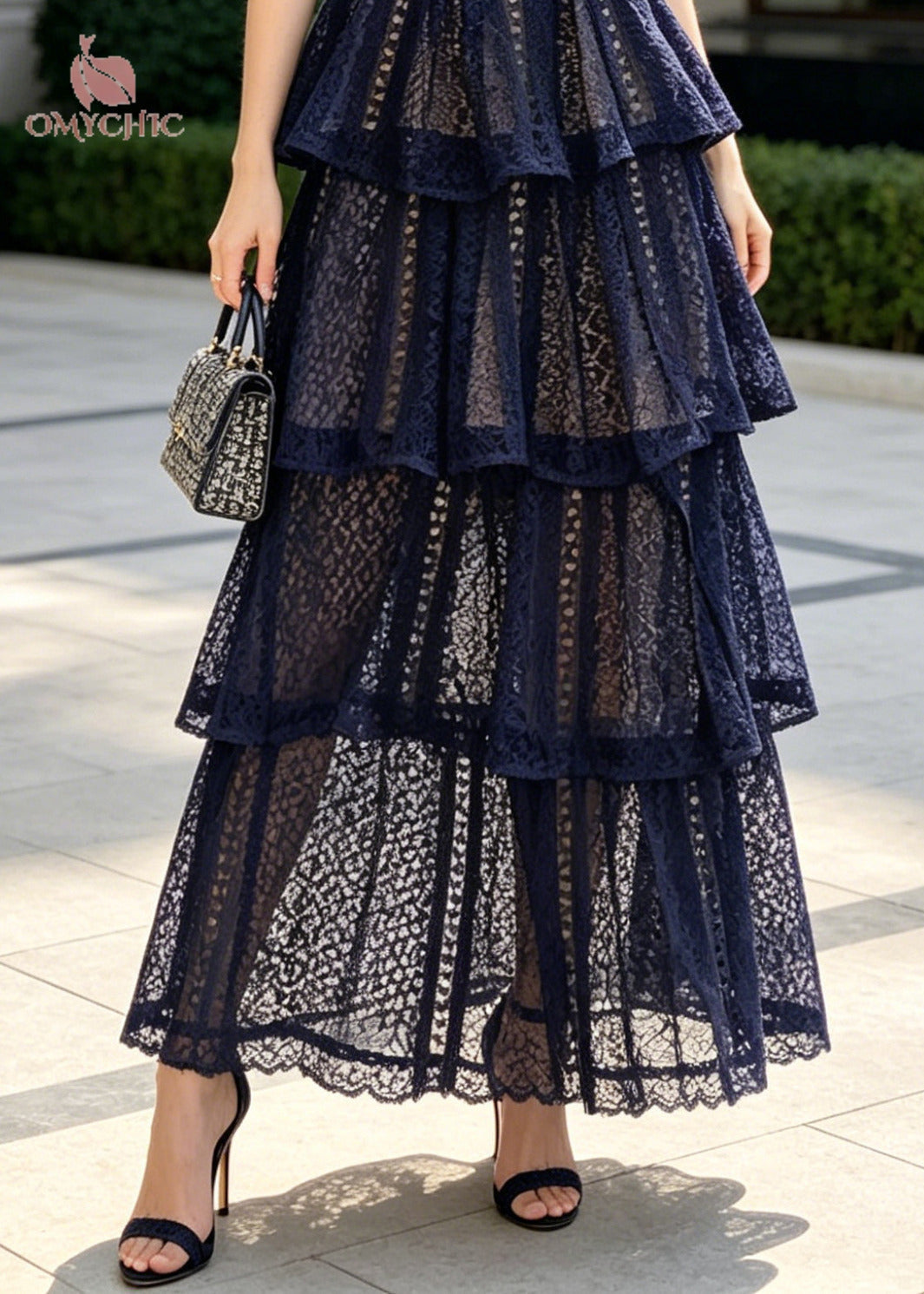 Women Navy Ruffled Hollow Out Lace Holiday Dress Summer