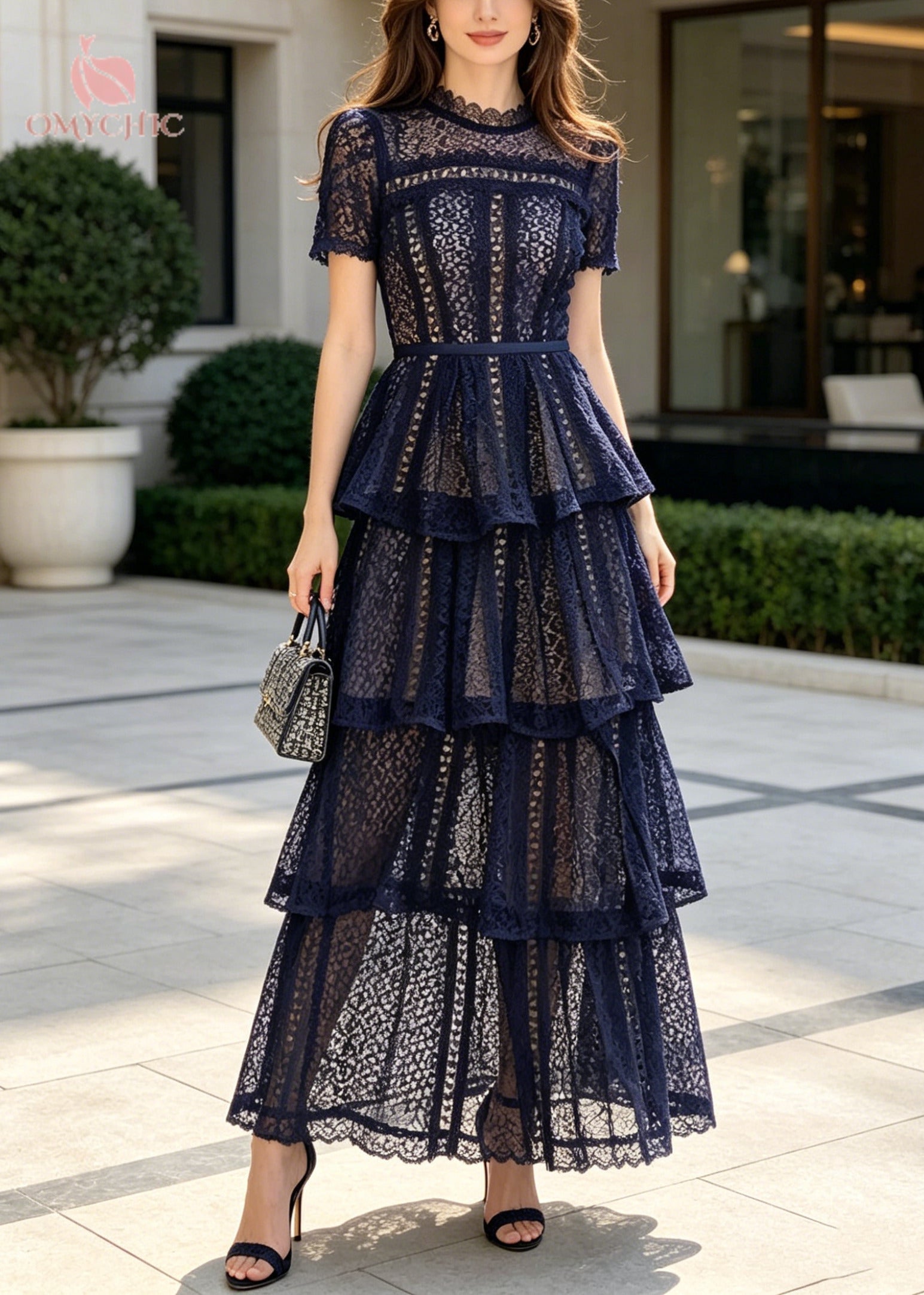 Crew Neck Short Sleeve Lace Tiered Ruffle Maxi Dress