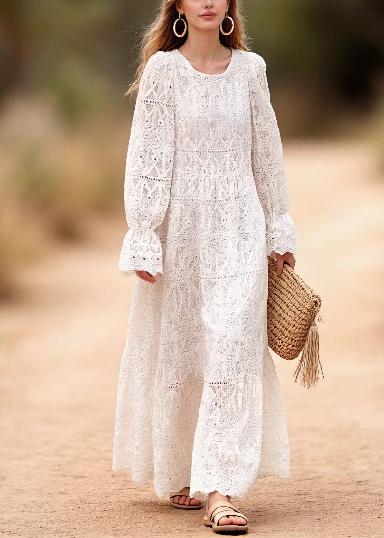 Lace Eyelet Round Neck Puff Sleeve Tiered Ruffle Maxi Dress