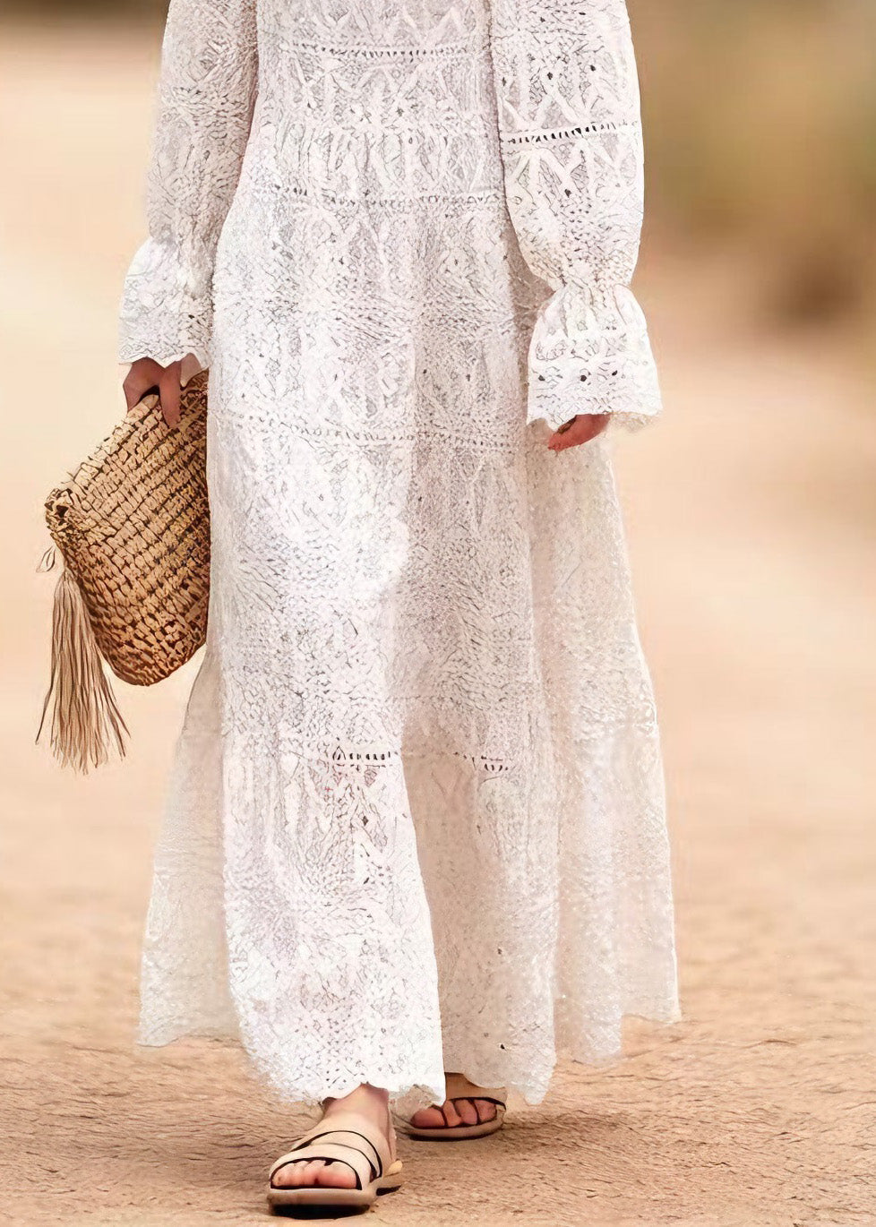 Lace Eyelet Round Neck Puff Sleeve Tiered Ruffle Maxi Dress