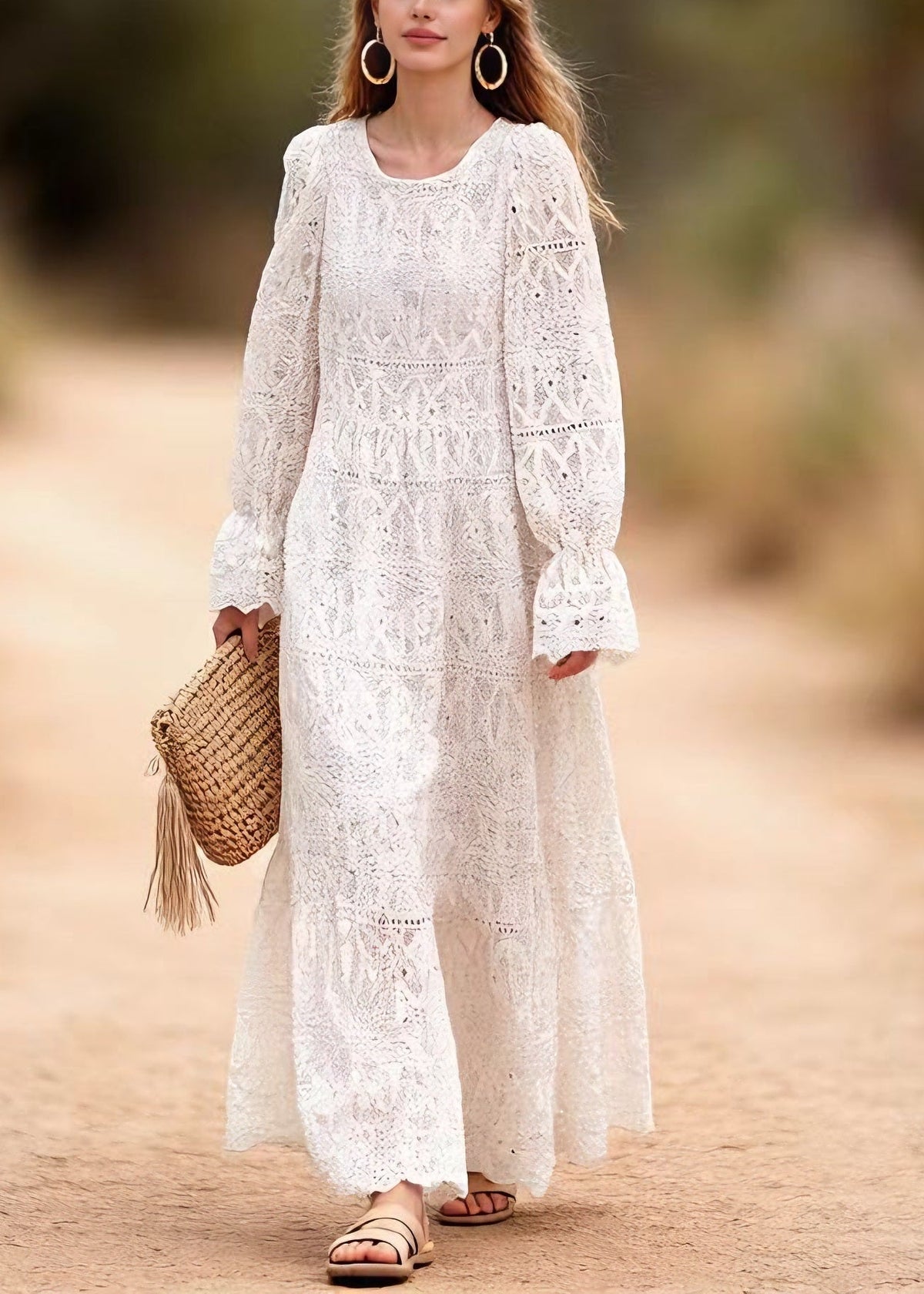 Lace Eyelet Round Neck Puff Sleeve Tiered Ruffle Maxi Dress - View 5