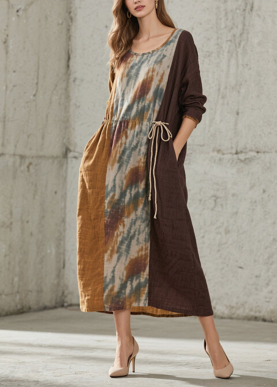 Tie Dye Print Patchwork Round Neck Long Sleeve Drawstring Waist Maxi Dress