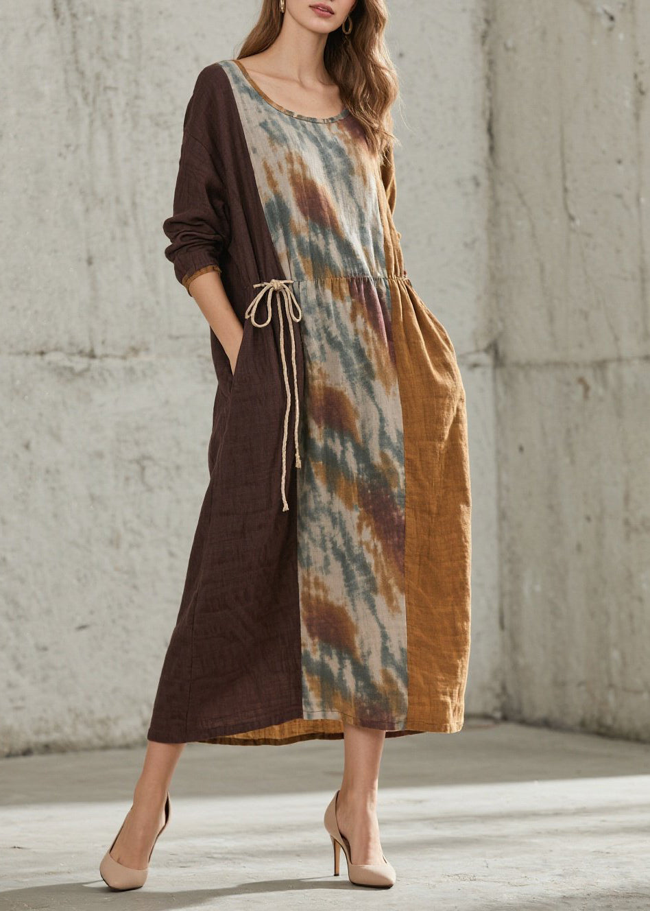 Women O Neck Print Lace Up Cotton Maxi Dresses Fall - View 3