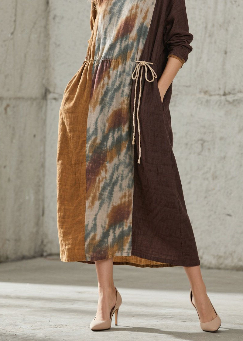 Women O Neck Print Lace Up Cotton Maxi Dresses Fall - View 4