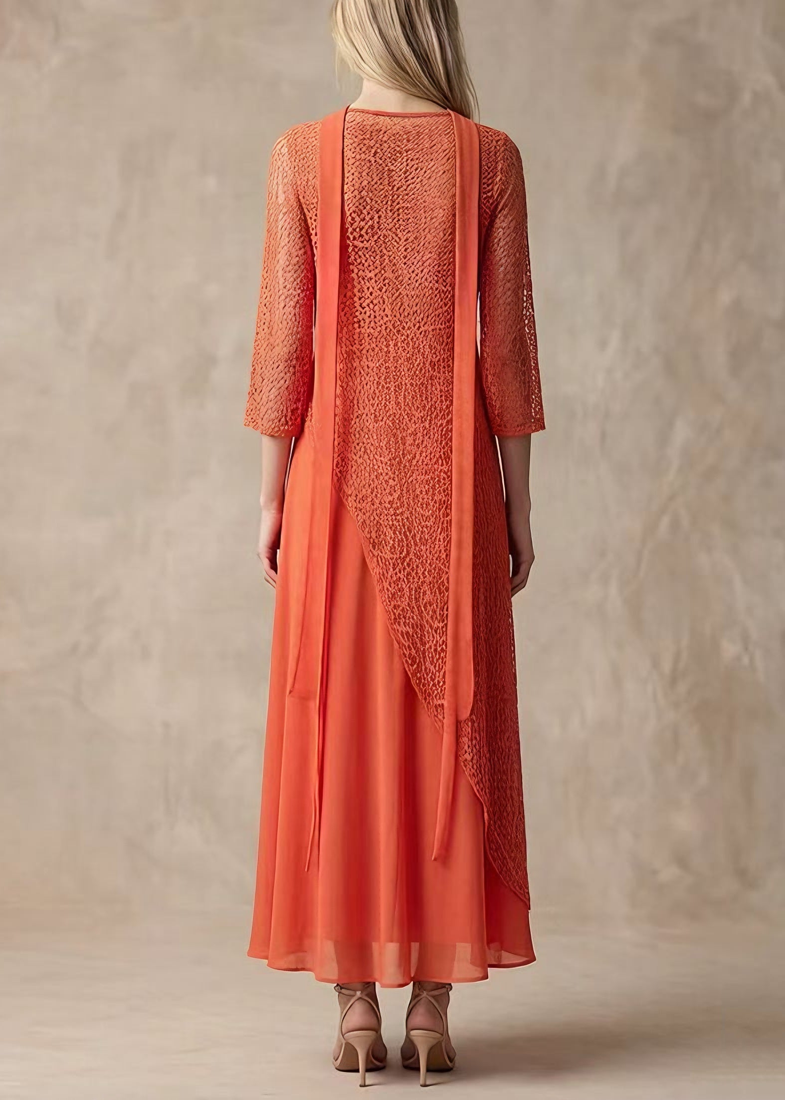 Lace Floral Round Neck Asymmetric Overlay Chiffon Maxi Dress