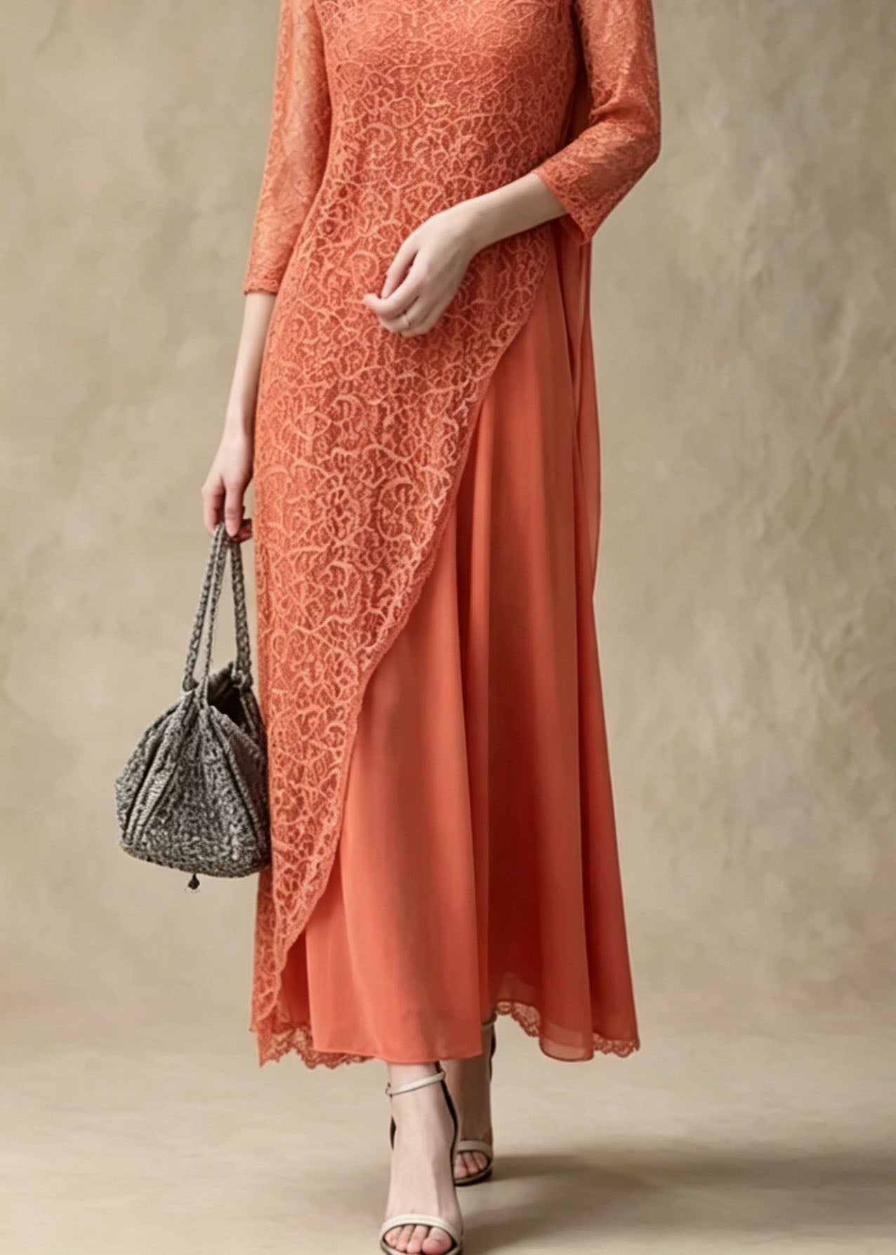 Lace Floral Round Neck Asymmetric Overlay Chiffon Maxi Dress