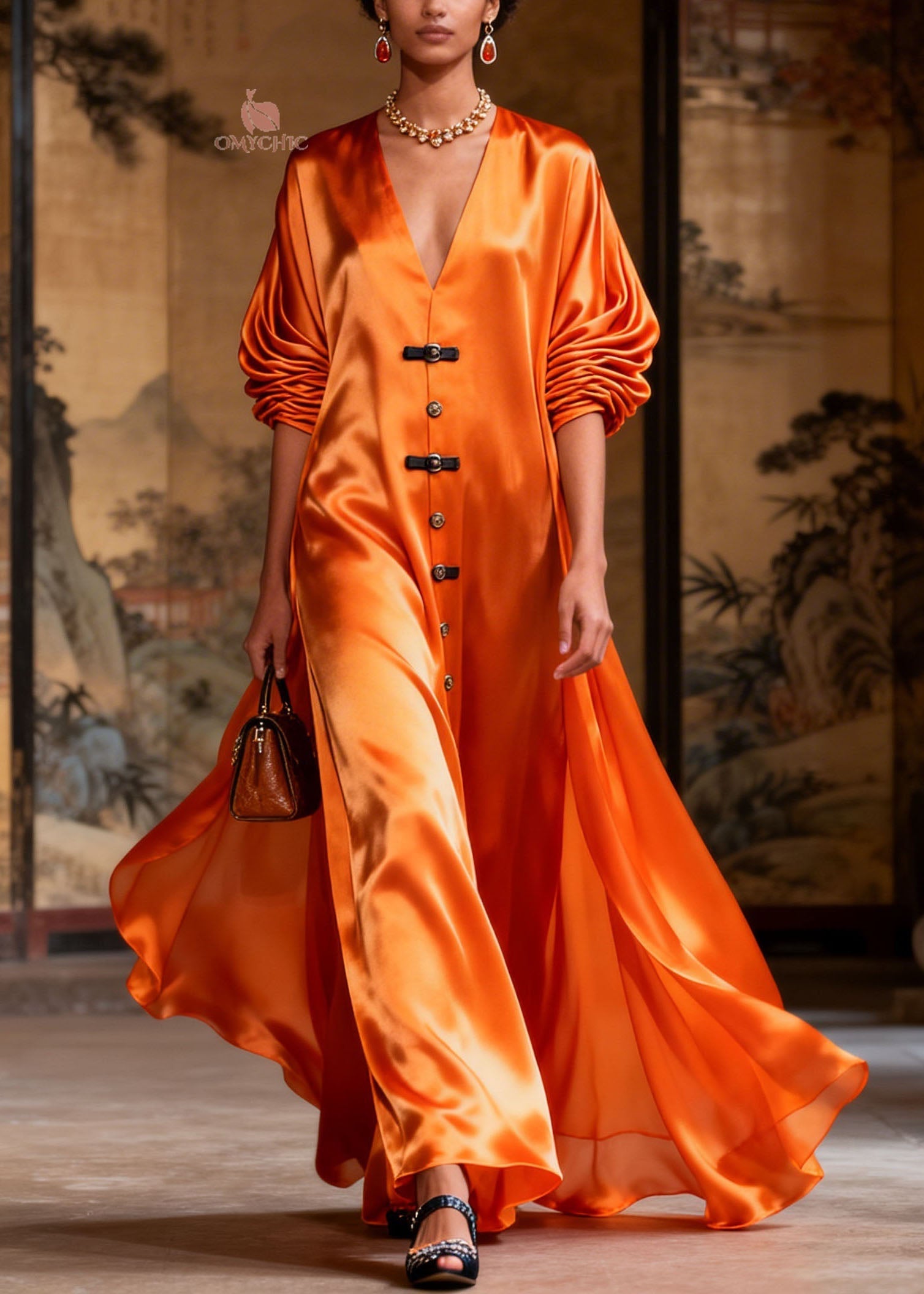 Women Orange V Neck Patchwork Silk Long Dresses Summer