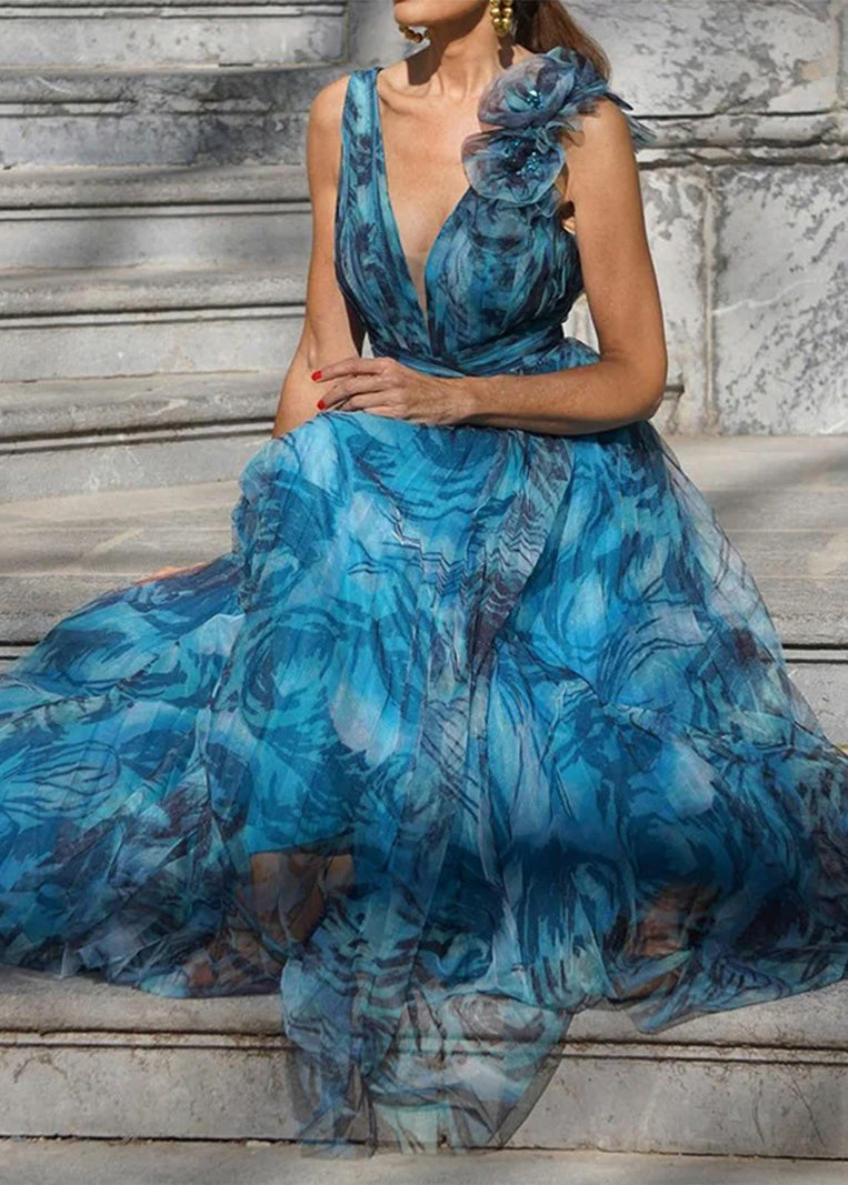 Deep V-Neck Ruffle Strap Tie Shoulder Tulle Maxi Dress - View 2