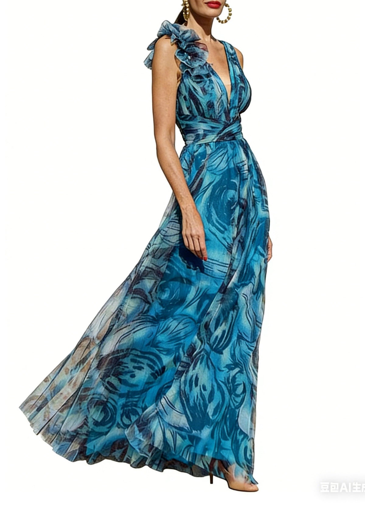 Deep V-Neck Ruffle Strap Tie Shoulder Tulle Maxi Dress - View 5