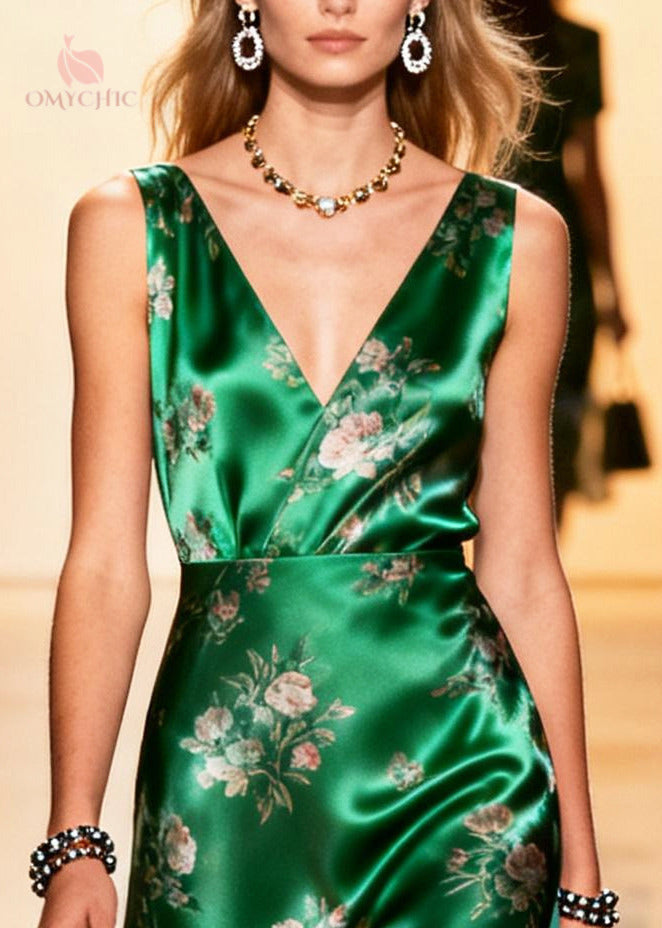 Satin Floral Print Deep V-Neck Sleeveless Asymmetric Hem Chiffon Tier Midi Dress