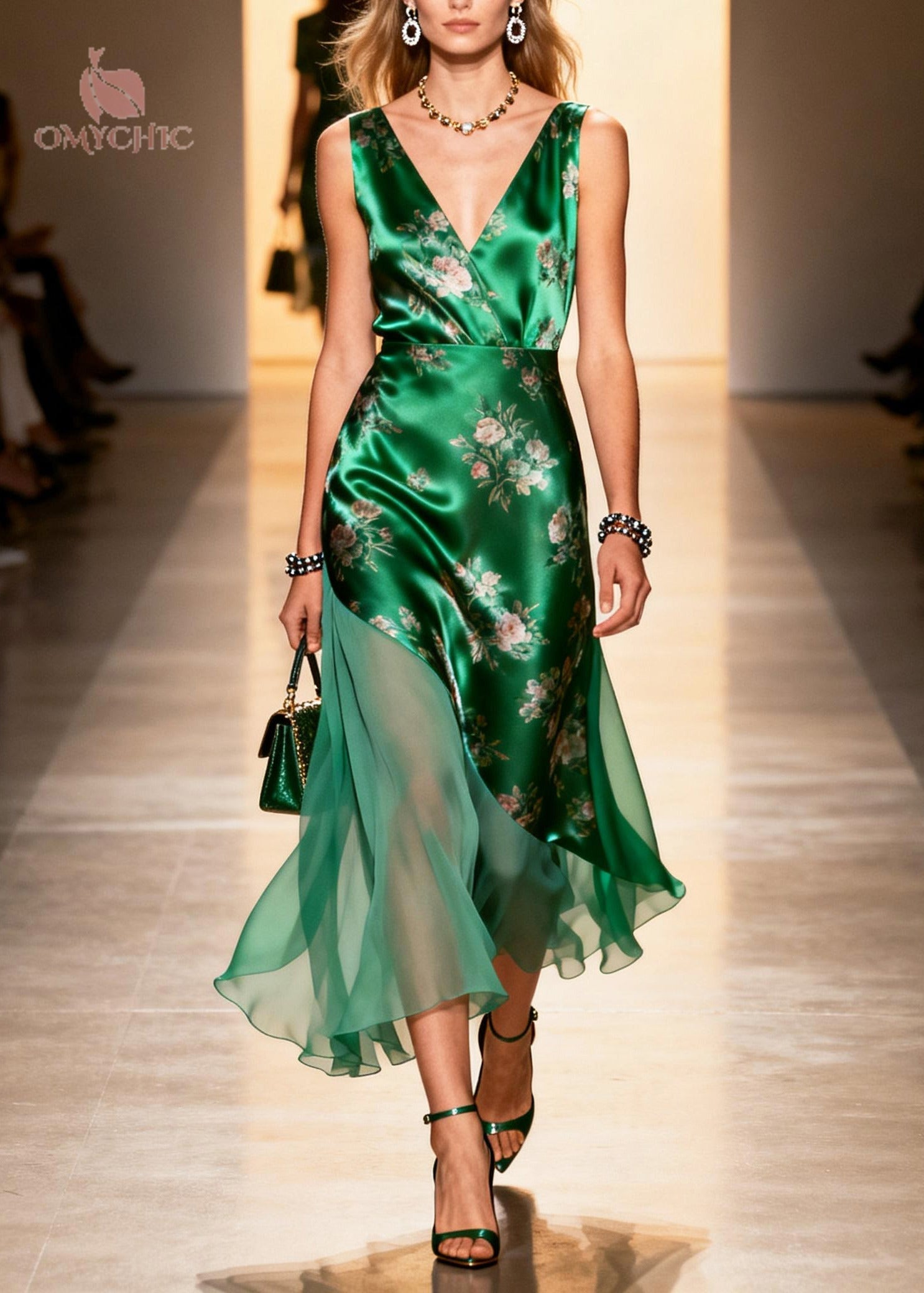 Satin Floral Print Deep V-Neck Sleeveless Asymmetric Hem Chiffon Tier Midi Dress