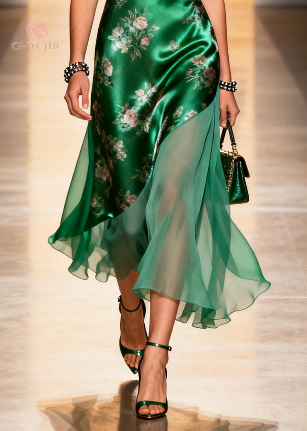 Satin Floral Print Deep V-Neck Sleeveless Asymmetric Hem Chiffon Tier Midi Dress