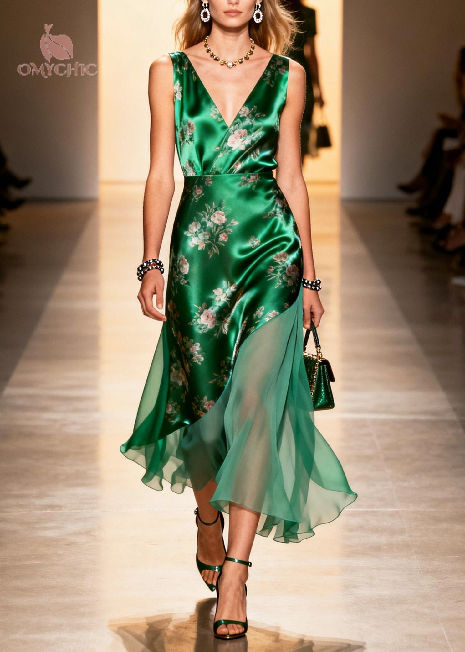 Satin Floral Print Deep V-Neck Sleeveless Asymmetric Hem Chiffon Tier Midi Dress
