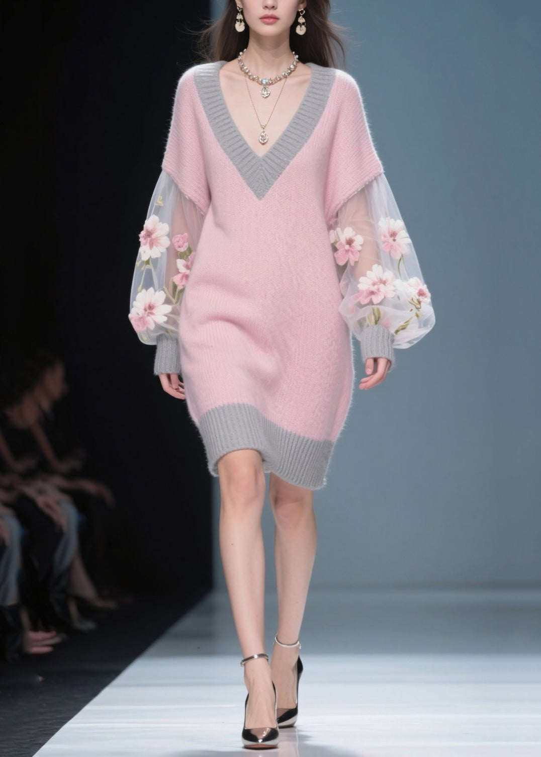 Knit V-Neck Tulle Floral Embroidery Bishop Sleeve Ribbed Trim Mini Sweater Dress