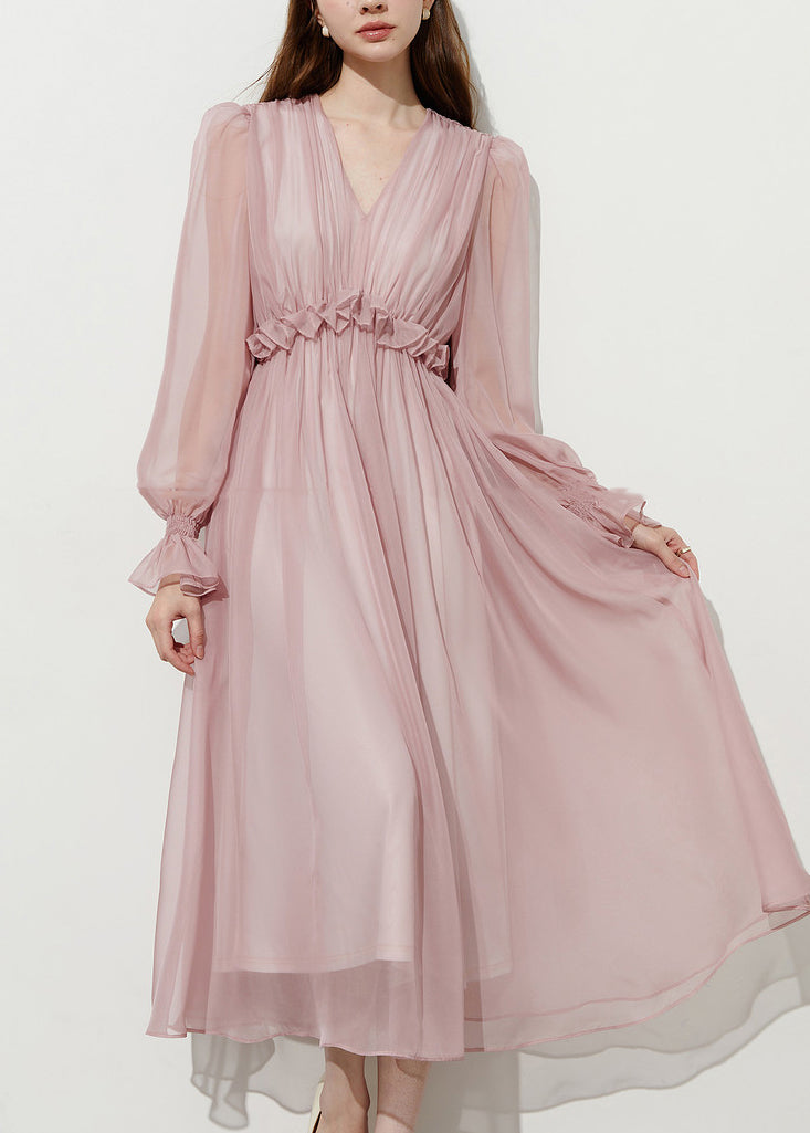 V-Neck Long Puff Sleeve Ruffle Empire Waist Chiffon Midi Dress