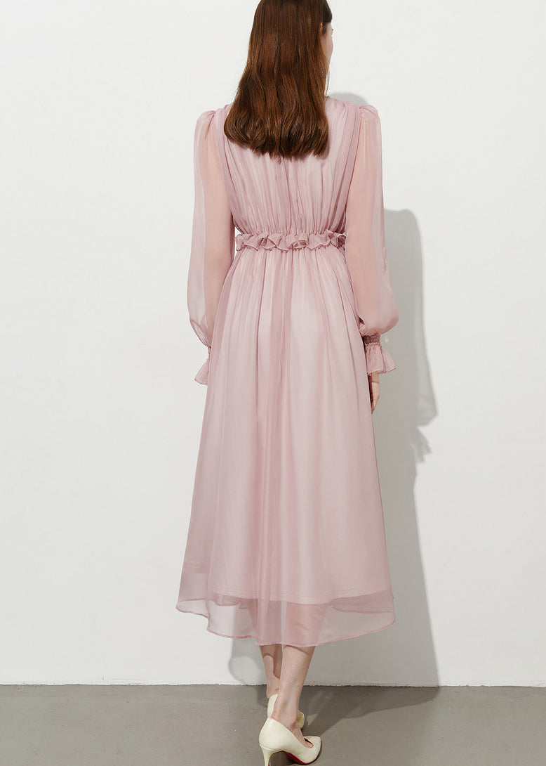V-Neck Long Puff Sleeve Ruffle Empire Waist Chiffon Midi Dress