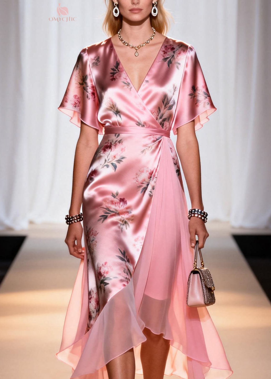 Floral Print Satin Deep V-Neck Flutter Sleeve Wrap High Low Chiffon Panel Midi Dress