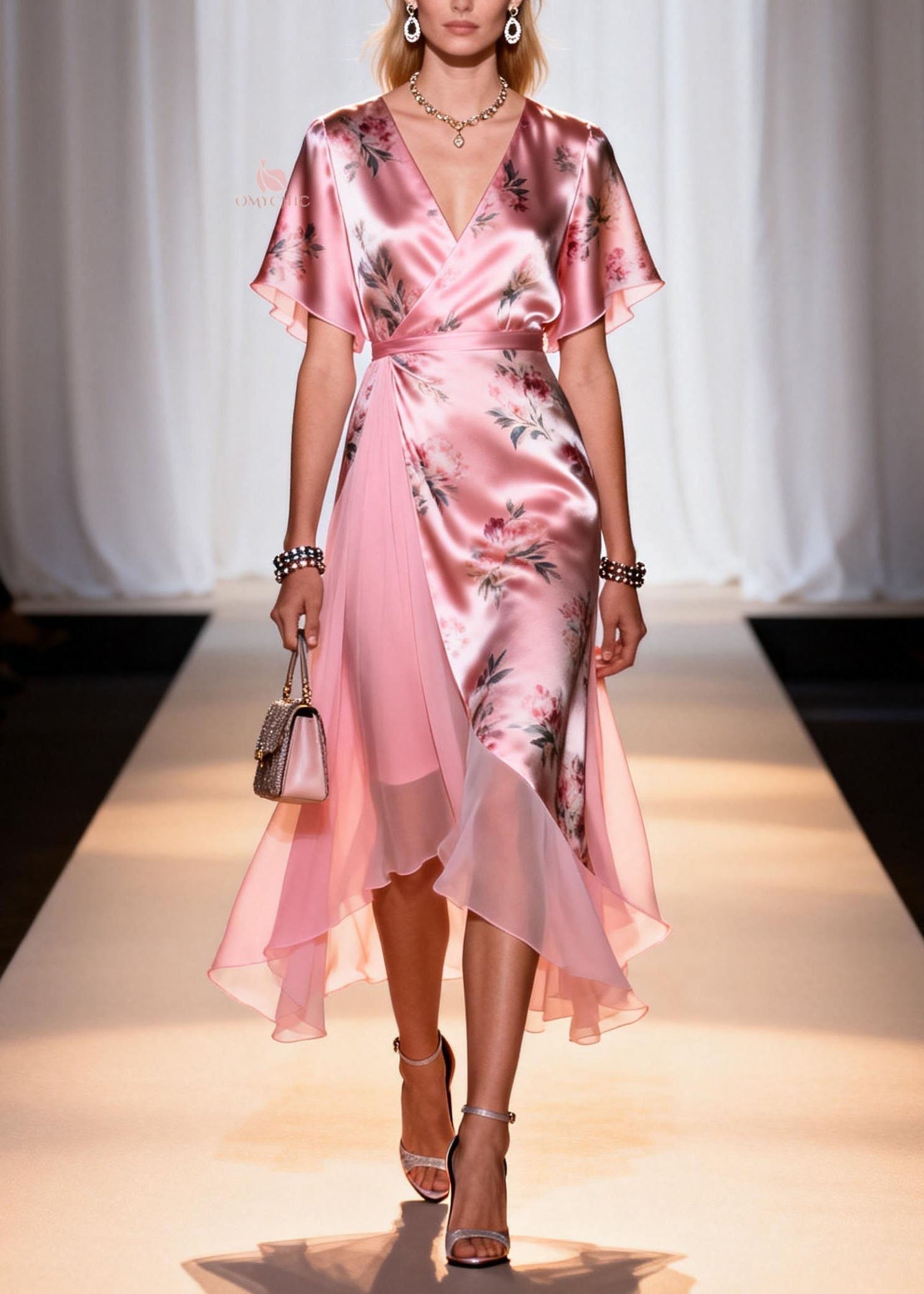 Floral Print Satin Deep V-Neck Flutter Sleeve Wrap High Low Chiffon Panel Midi Dress