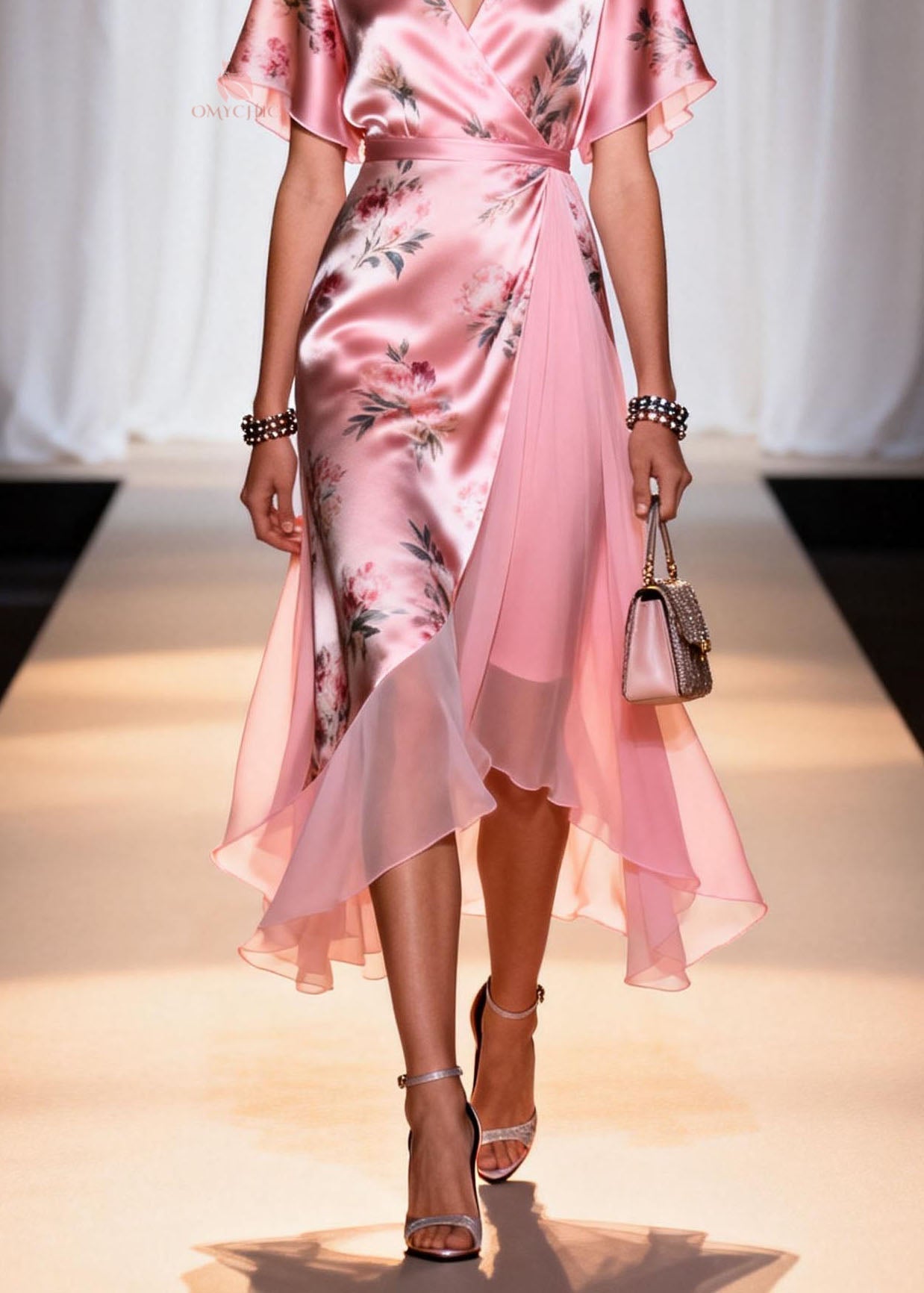 Floral Print Satin Deep V-Neck Flutter Sleeve Wrap High Low Chiffon Panel Midi Dress