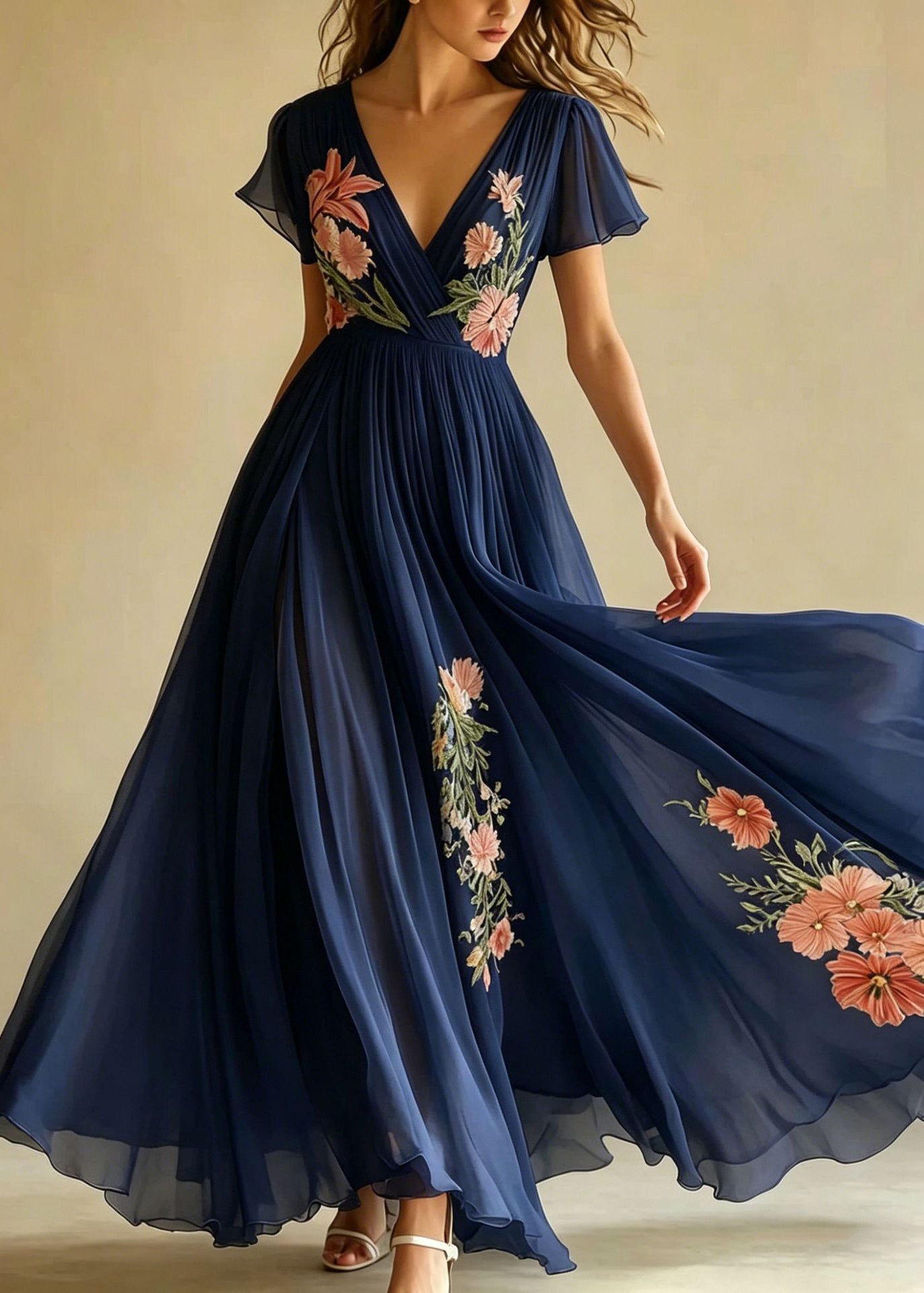 Chiffon Floral Embroidery Deep V-Neck Flutter Sleeve Pleated High Split Maxi Gown