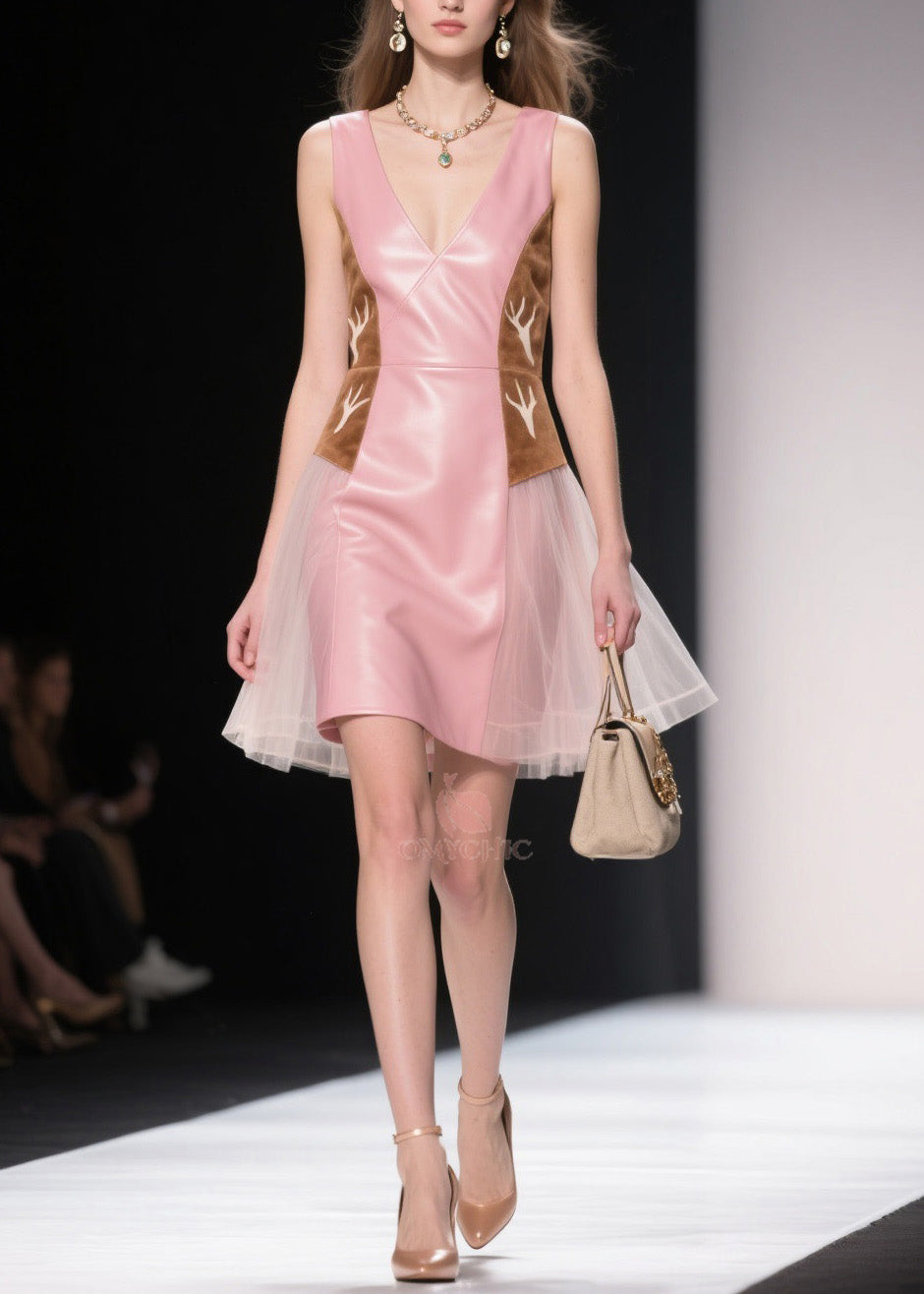 Deep V-Neck Sleeveless Faux Leather Antler Embroidery Tulle Peplum Mini Dress
