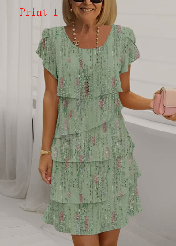 Women Print O Neck Ruffled Patchwork Chiffon Dress Summer