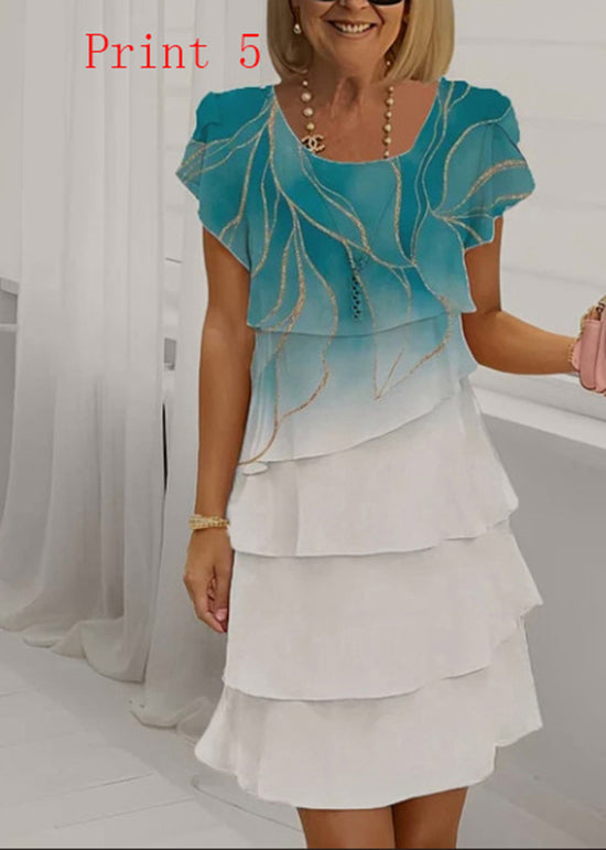 Women Print O Neck Ruffled Patchwork Chiffon Dress Summer 5