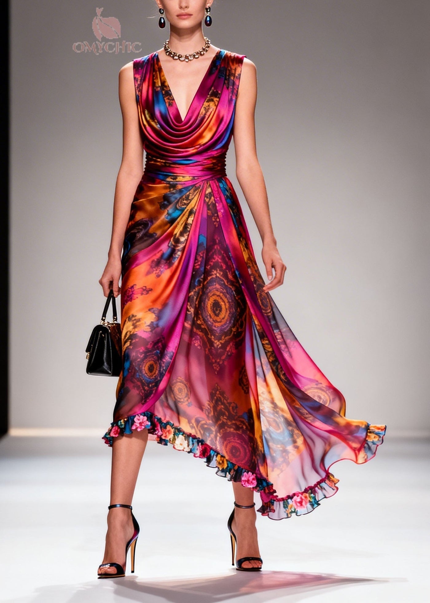 Women Print Ruffled Floral Patchwork Chiffon Dresses Sleeveless