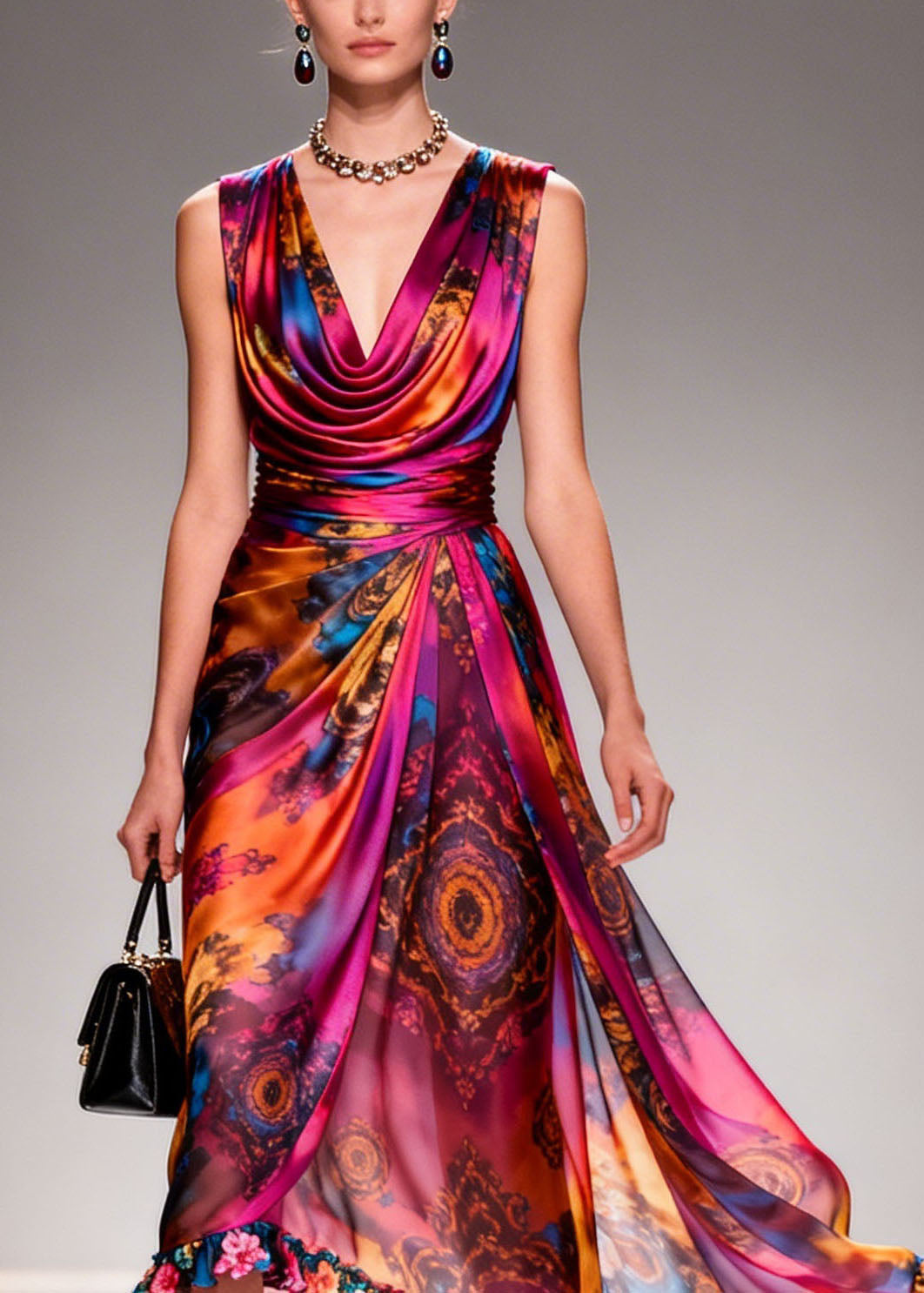 Women Print Ruffled Floral Patchwork Chiffon Dresses Sleeveless 2