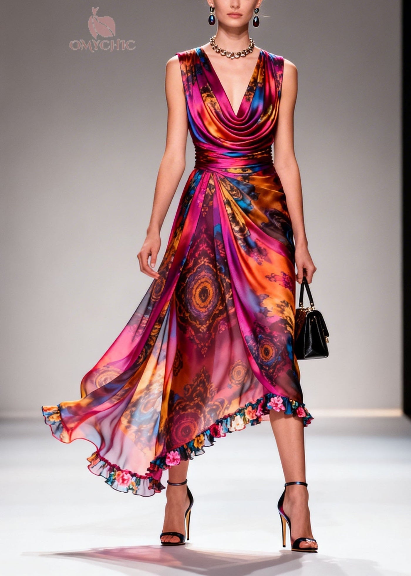 Women Print Ruffled Floral Patchwork Chiffon Dresses Sleeveless 3