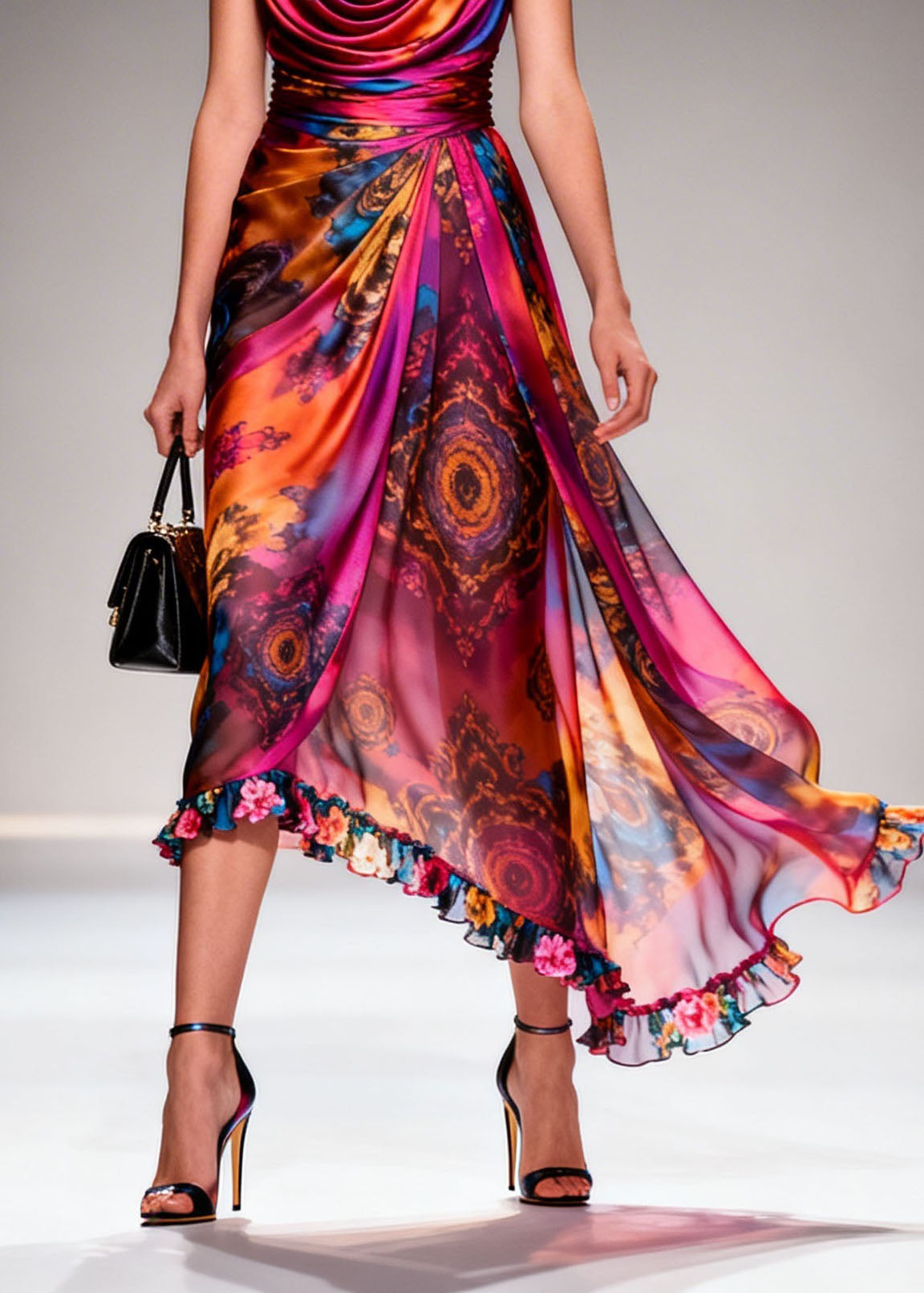 Women Print Ruffled Floral Patchwork Chiffon Dresses Sleeveless 4
