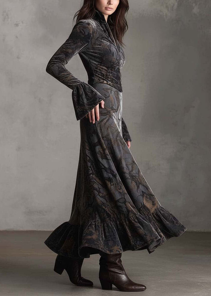 Women Print Zip Up Ruffled Patchwork Velvet Long Dresses Fall 3