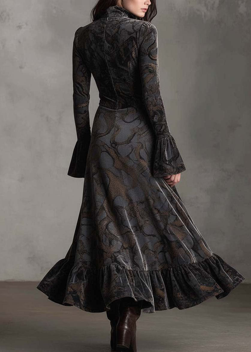 Women Print Zip Up Ruffled Patchwork Velvet Long Dresses Fall 4