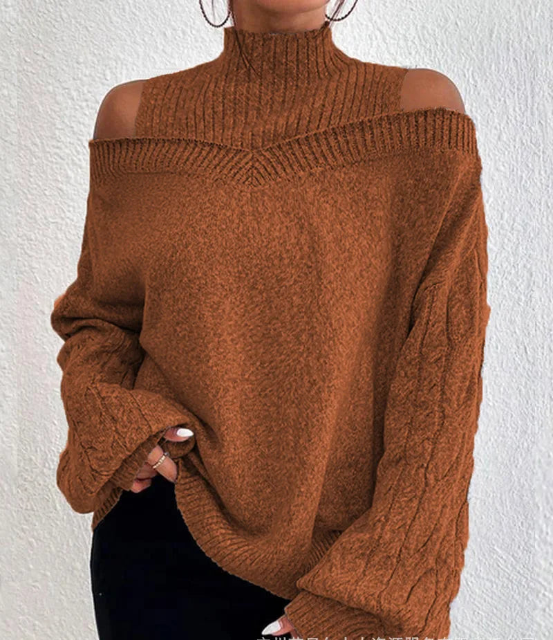 Mock Neck Cold Shoulder Cable Knit Sleeve Loose Sweater