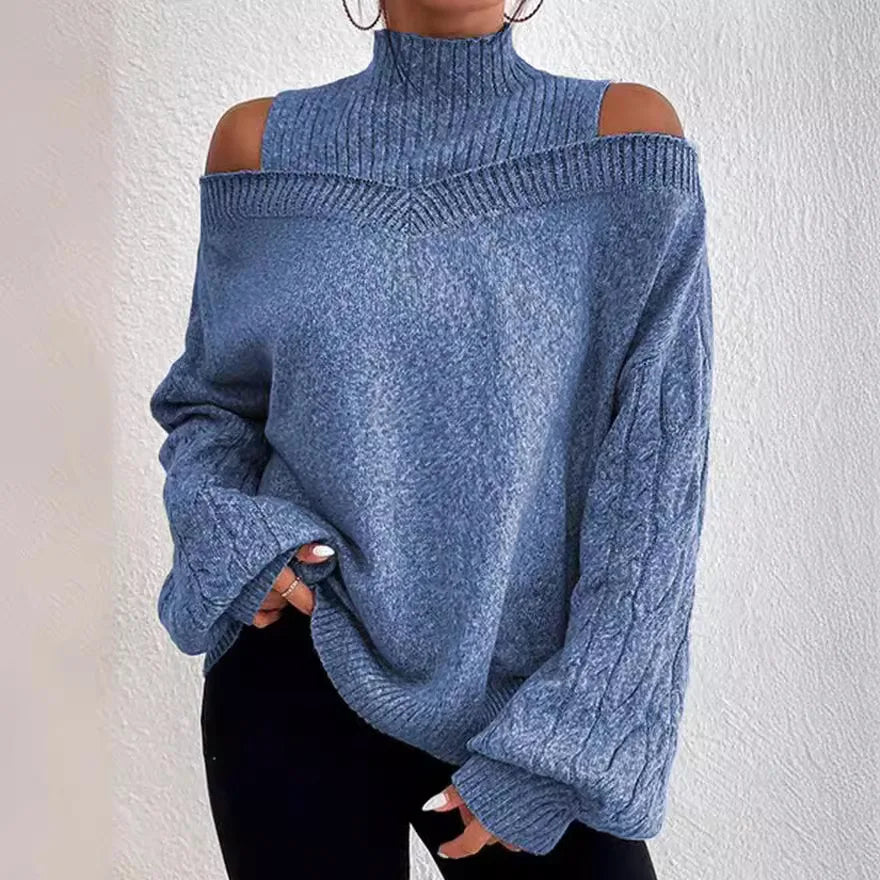 Mock Neck Cold Shoulder Cable Knit Sleeve Loose Sweater 2
