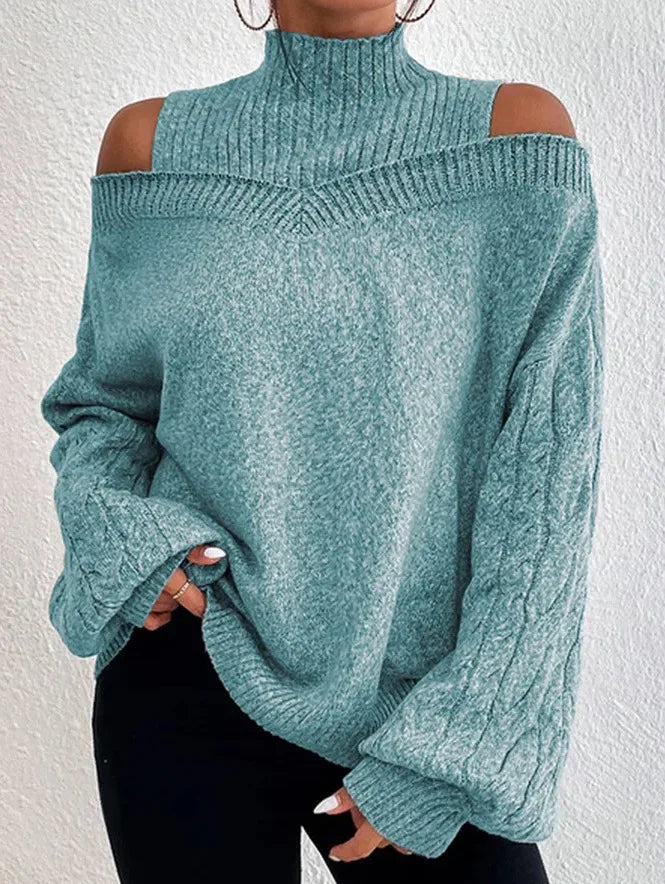 Mock Neck Cold Shoulder Cable Knit Sleeve Loose Sweater 8