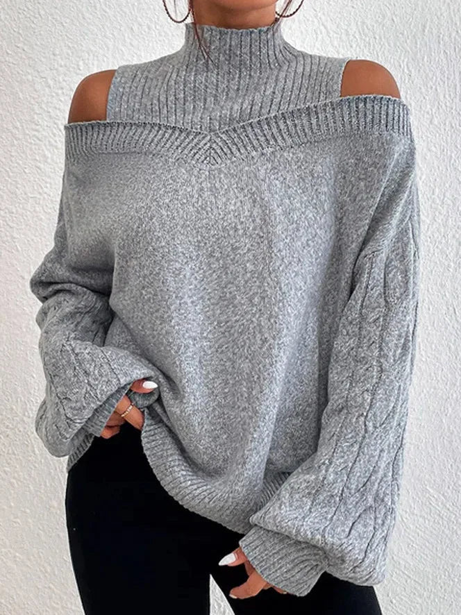 Mock Neck Cold Shoulder Cable Knit Sleeve Loose Sweater 6