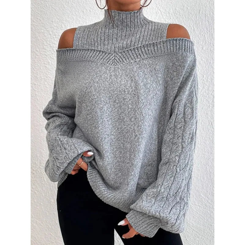 Mock Neck Cold Shoulder Cable Knit Sleeve Loose Sweater 5