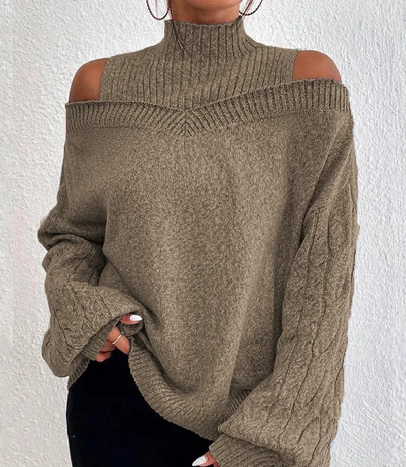Mock Neck Cold Shoulder Cable Knit Sleeve Loose Sweater 11