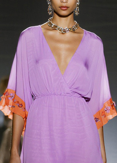 Chiffon Surplice Deep V-Neck Wide Sleeve Embroidered Midi Dress - View 2