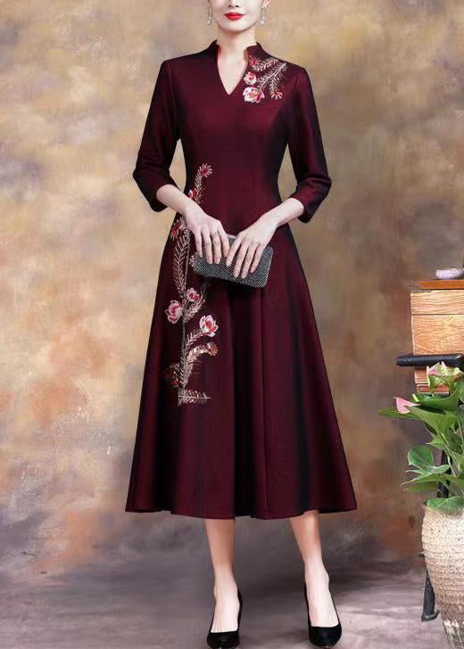 Floral Embroidery Mandarin Collar Three Quarter Sleeve A-Line Midi Dress