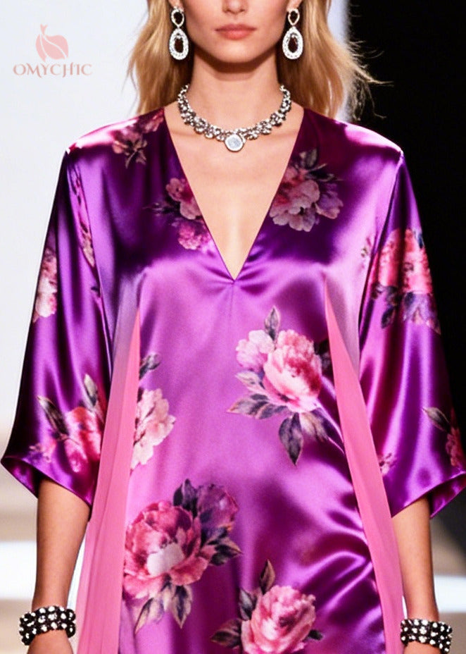 Satin Floral Print Deep V-Neck Wide Sleeve Sheer Side Drape Maxi Dress